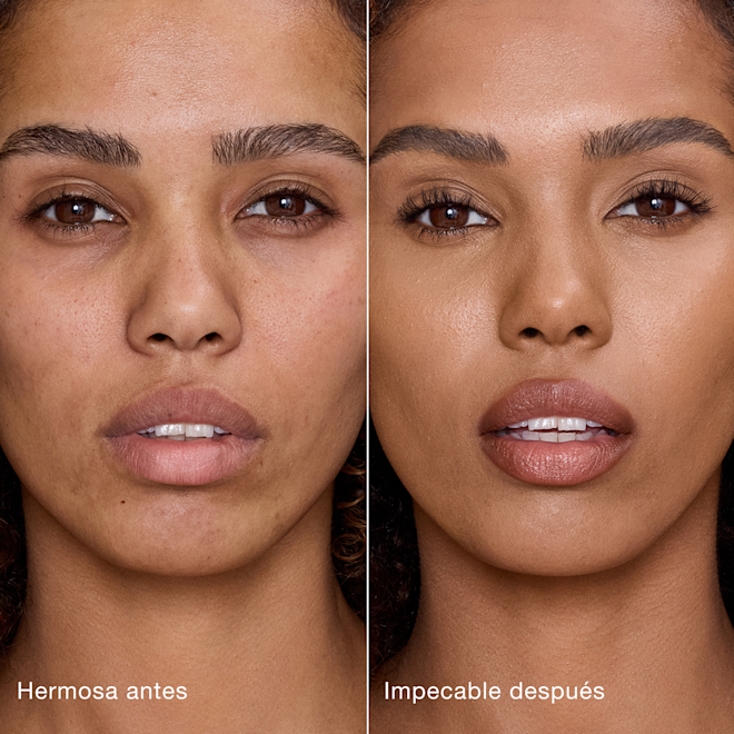 Antes y después de usar Airbrush Flawless Concealer en el tono 10.5 Tan Comparación paralela que muestra la piel antes y después de aplicar el corrector Charlotte Tilbury Airbrush Flawless Concealer con las etiquetas de texto "Preciosa antes", "Impecable después".