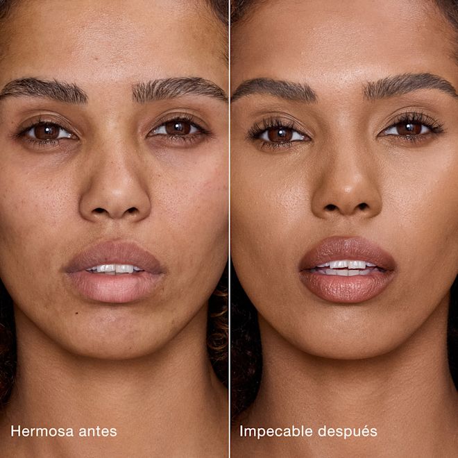 Antes y después de usar Airbrush Flawless Concealer en el tono 10.5 Tan Comparación paralela que muestra la piel antes y después de aplicar el corrector Charlotte Tilbury Airbrush Flawless Concealer con las etiquetas de texto "Preciosa antes", "Impecable después".