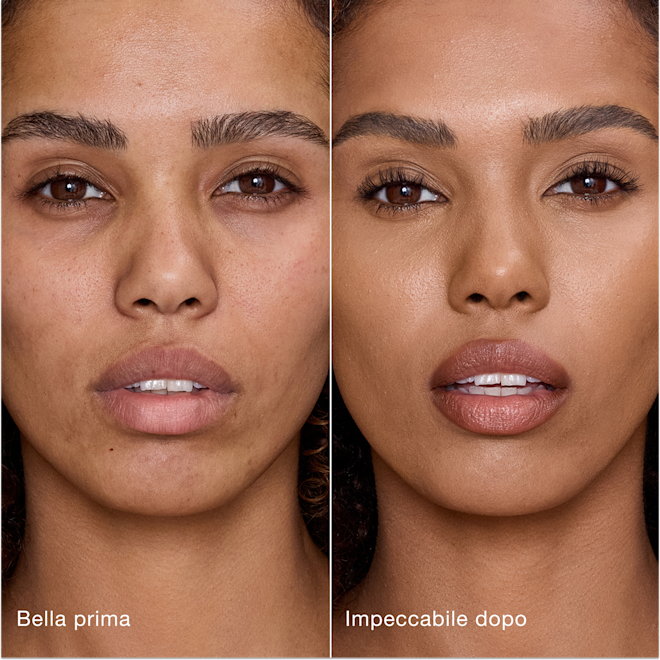 Airbrush Flawless Concealer - 10.5 Tan modella prima e dopo Confronto affiancato che mostra la pelle prima e dopo aver applicato il correttore Airbrush Flawless di Charlotte Tilbury, con le etichette di testo "Bella prima" e "Impeccabile dopo".