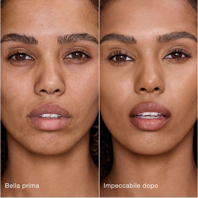 Airbrush Flawless Concealer - 10.5 Tan modella prima e dopo Confronto affiancato che mostra la pelle prima e dopo aver applicato il correttore Airbrush Flawless di Charlotte Tilbury, con le etichette di testo "Bella prima" e "Impeccabile dopo".