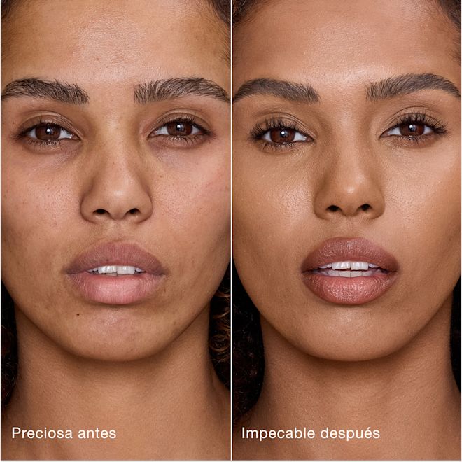Antes y después de usar Airbrush Flawless Concealer en el tono 10.5 Tan Comparación paralela que muestra la piel antes y después de aplicar el corrector Charlotte Tilbury Airbrush Flawless Concealer con las etiquetas de texto «Preciosa antes» y «Perfecta después».