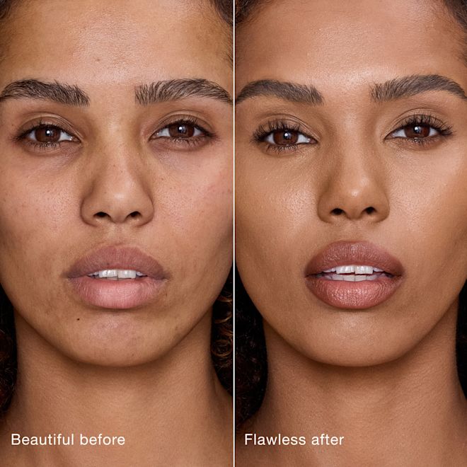Airbrush Flawless Concealer - 10.5 Tan before and after Side-by-side comparison showing skin before and after applying Charlotte Tilbury Airbrush Flawless Concealer, with text labels 'Beautiful before' and 'Flawless after'.