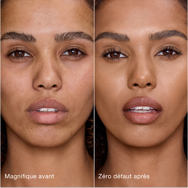 Avant/après Airbrush Flawless Concealer - 10.5 Tan (Médium à Foncé) Comparaison côte à côte de la peau avant et après l'application de l'Airbrush Flawless Concealer de Charlotte Tilbury, avec les étiquettes de texte « Magnifique avant » et « Zéro défaut après ».