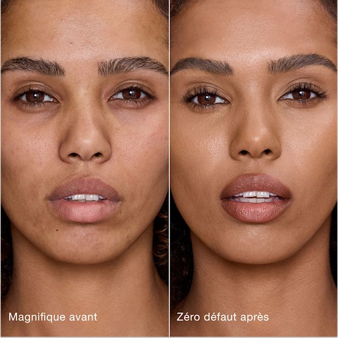 Avant/après Airbrush Flawless Concealer - 10.5 Tan (Médium à Foncé) Comparaison côte à côte de la peau avant et après l'application de l'Airbrush Flawless Concealer de Charlotte Tilbury, avec les étiquettes de texte « Magnifique avant » et « Zéro défaut après ».