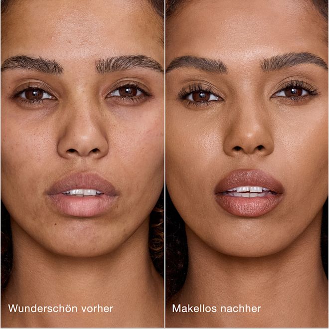 Airbrush Flawless Concealer − 10.5 Tan − vorher und nachher Ein direkter Vergleich zeigt die Haut vor und nach dem Auftragen des Charlotte Tilbury Airbrush Flawless Concealers mit den Beschriftungen „Wunderschön vorher“ und „Makellos nachher“.