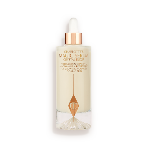Magic Serum 100ml Closed A luminous, ivory-coloured facial serum in a glass bottle with a white and gold-coloured dropper lid