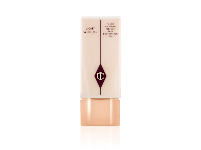 Light Wonder Foundation A fair foundation in a rectangular bottle with the CT logo printed on it and a rose-gold-coloured cap.