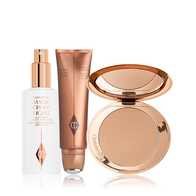 Protect, Hydrate, Bronze Glow kit displayed A face cream in a white-coloured bottle with a pump dispenser, body highlighter in a bronze-coloured tube, and a pressed-powder compact with a mirrored-lid.
