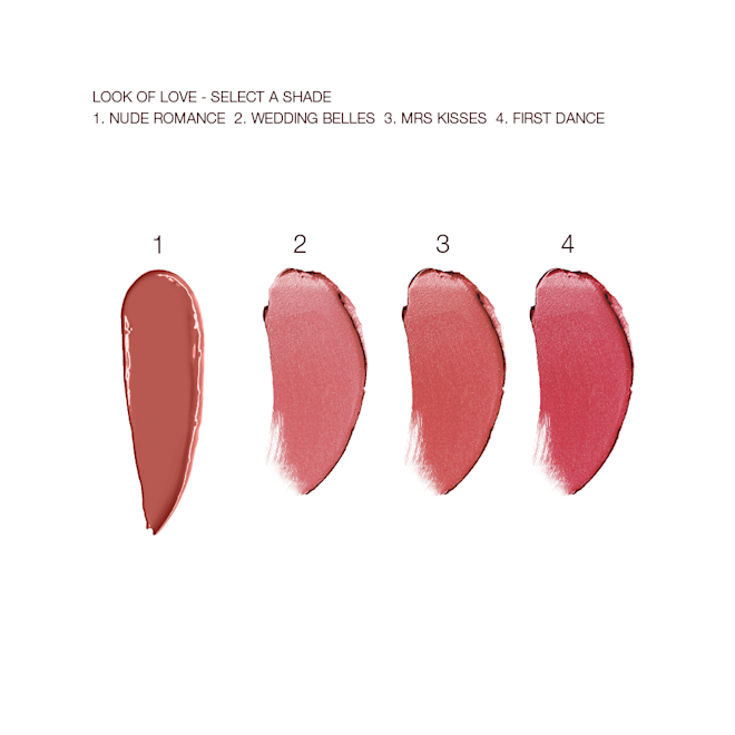 Look of Love Lipstick Collection swatches swatches of four lipsticks in shades of nude brown, nude pink, nude coral, and berry-pink.