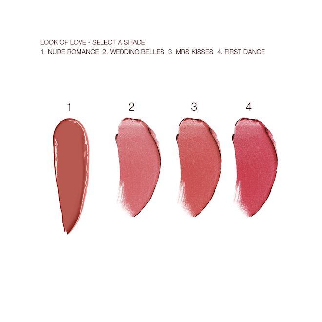 Look of Love Lipstick Collection swatches swatches of four lipsticks in shades of nude brown, nude pink, nude coral, and berry-pink.