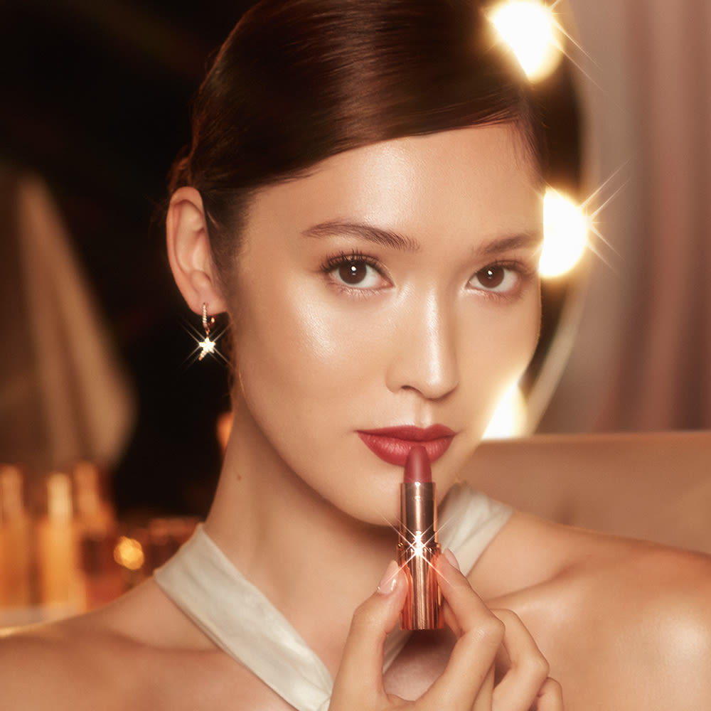 Berry Red Lipstick model shot Aimee wearing Walk of No Shame berry red lipstick