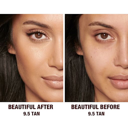 Beautiful Skin concealer in 9.5 on medium-tone model before and after Before and after of a medium-tone model without any makeup in the before shot and then wearing a radiant, concealer that brightens, covers blemishes, and makes her skin look fresh along with nude lip gloss and subtle eye makeup.