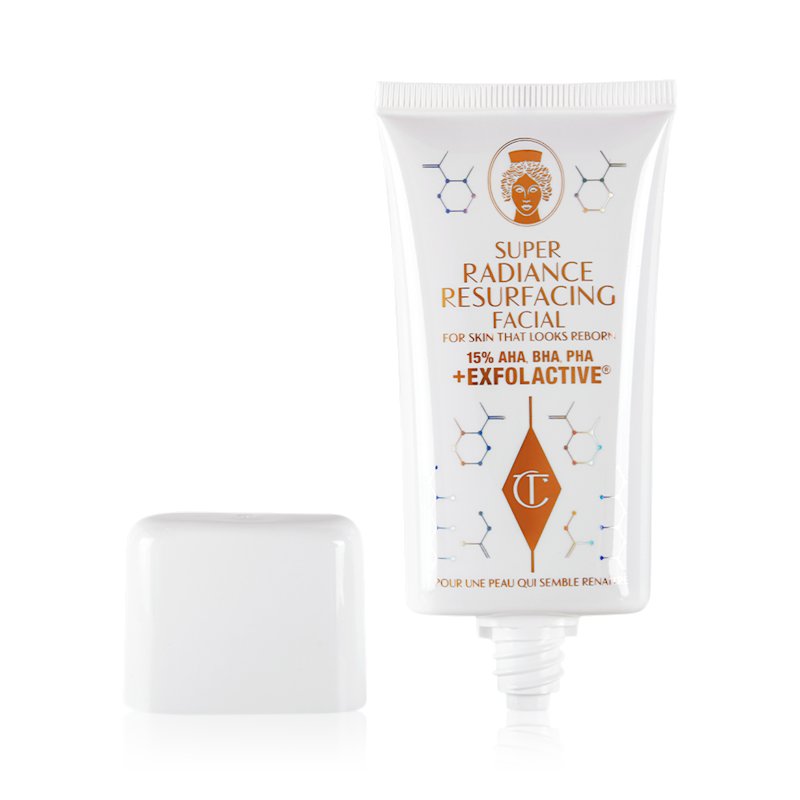 Super Radiance Resurfacing Facial open An exfoliating, wash-off, chemical mask in a white-coloured tube with its lid next to it.
