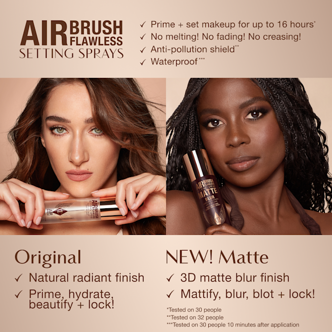 Airbrush Flawless Setting Spray and Matte Setting Spray Comparison Infographic Comparison of two Airbrush Flawless Setting Sprays: Original with natural radiant finish and Matte with 3D matte blur finish. Key benefits include up to 16-hour wear, anti-pollution shield, waterproof, and claims of no melting, fading, or creasing.