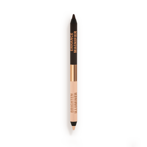 Super Nudes Eyeliner Duo, geöffnet Ein offener, doppelseitiger Kajalstift in Schwarz und Nude-Beige.