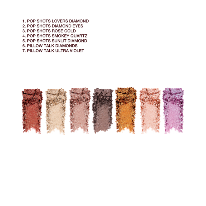 Pop Shots Labelled Swatch Lovers Diamond, Diamond Eyes, Rose Gold Smokey Quartz, Sunlit Diamonds, Pillow Talk Diamonds and Pillow Talk Ultra Violet eyeshadows