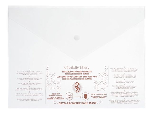 Charlotte's Cryo-mask packaging A white-coloured face mask outer packaging in the shape of a large envelope.