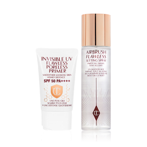 Flawless Protect Set Kit SPF-infused primer in a white-coloured tube with a setting spray in a large bottle with a gold-coloured lid.
