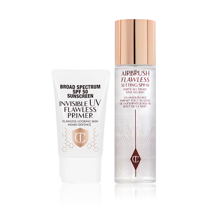 GlowToner-Bundle-Packshot SPF-infused primer in a white-coloured tube with a setting spray in a large bottle with a gold-coloured lid.