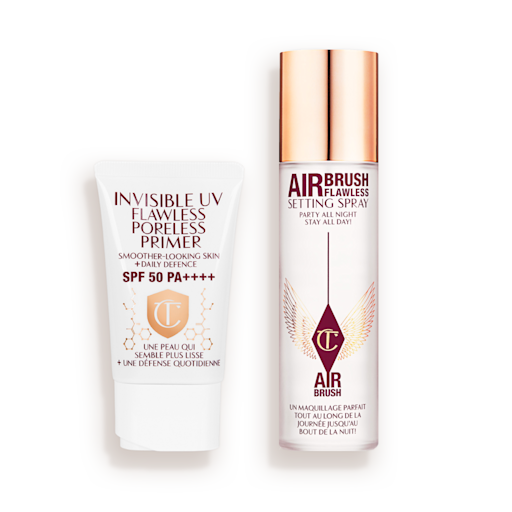Flawless Protect Set Kit SPF-infused primer in a white-coloured tube with a setting spray in a large bottle with a gold-coloured lid.