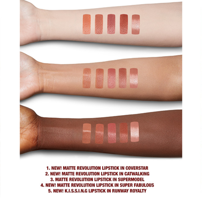 Fair, tan, and deep-tone arms with swatches of 4 matte lipsticks and one satin-finish lipstick in shades of peach, brown, red, and pink.