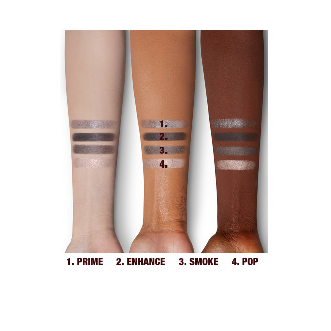 Four eyeshadow swatches in shades of grey, pearl, and silver on light, medium, and deep-tone arms. 