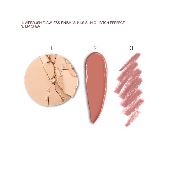 Airbrush Complexion Pout Perfection Makeup Kit swatches Swatches of a light beige-coloured powder compact, a satin-finish lipstick in nude-toned peach, and a lip liner pencil in berry-pink.