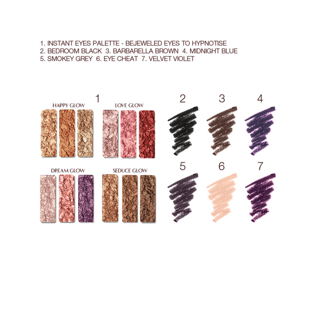 Swatches of twelve eyeshadows in matte and shimmery shades in pink, purple, red, gold, brown, and cream with six eyeliner pencil swatches in black, dark brown, midnight blue, smokey grey, beige, and violet.