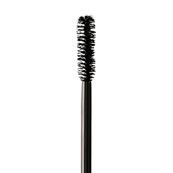 A black-coloured mascara wand with a thick head and fine bristles.