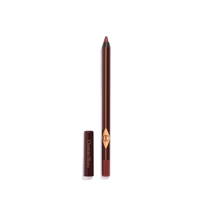 a berry-brown eyeliner pencil with its cap removed. 