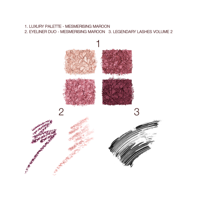 Mesmerising Maroon Magic Trick Eye Kit swatches Swatches of four, crushed eyeshadows in shades of purple and golden, two eyeliners in plum and nude pink, and black mascara.