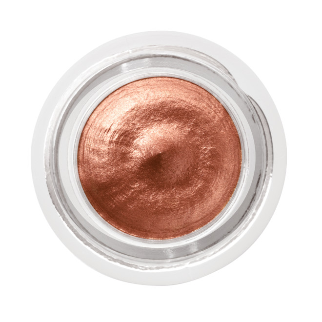 An open glass pot containing shimmery russet rose cream eyeshadow with a golden sparkle.