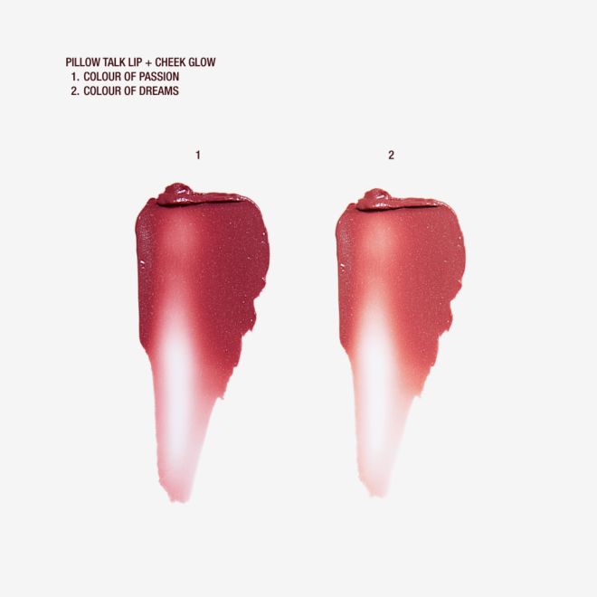 Pillow Talk Lip and Cheek Glow swatches Swatches of two lip and cheek cream tints in shades of berry-pink and rosebud pink.