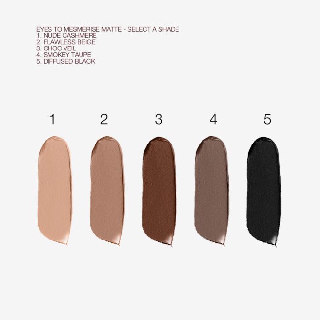 Eyes to mesmerise matte eyeshadow swatches Swatches of five cream eyeshadows with a matte finish in soft cashmere, light grey-brown, chocolate brown, smokey taupe, and jet black.