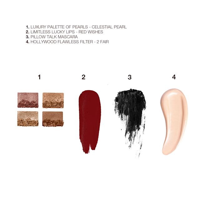 Phoebe Mesmerising Glow Look swatches Swatches of a quad eyeshadow palette with shades in pink, gold, and brown, black mascara, dark brown-red matte lipstick, and glowy primer in a soft peach shade.