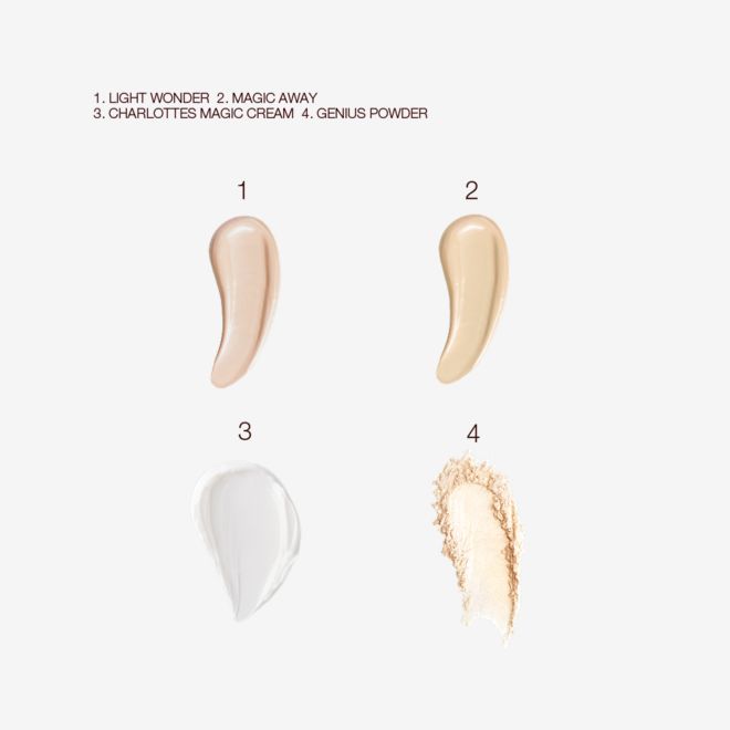 Fresh Glowing Finish Kit swatches Swatches of a glowy face primer, creamy concealer, pearly-white face cream, and light yellow face setting powder.