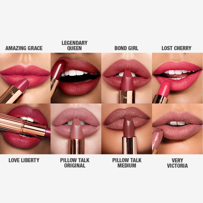 Matte Revolution lipsticks collection on lips close-up Lips close-up of eight models wearing and applying matte lipstick in shades of red, fuchsia, plum, pink, brown, and maroon.