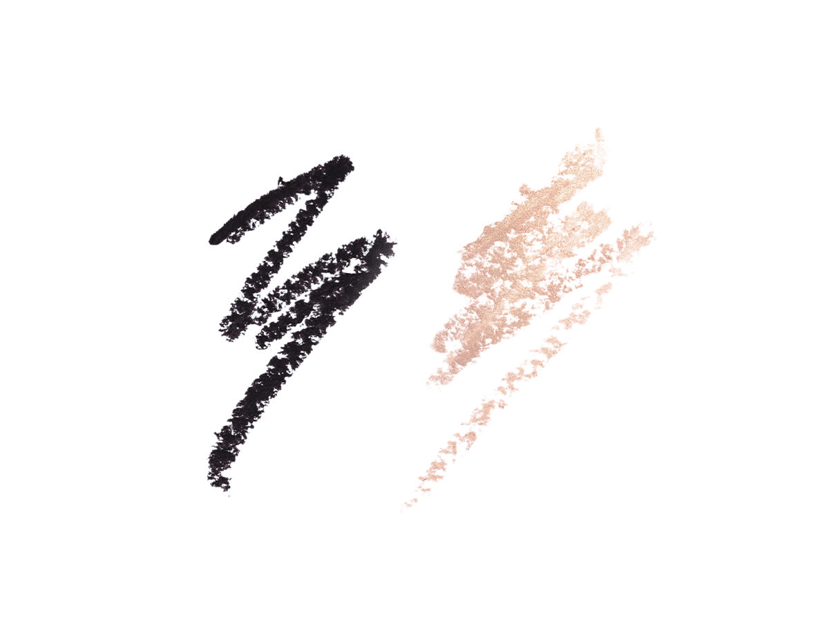 Hollywood Flawless Filter Duo Eyeliner swatches Swatches of a double-sided eyeliner pen in black and soft champagne-beige.