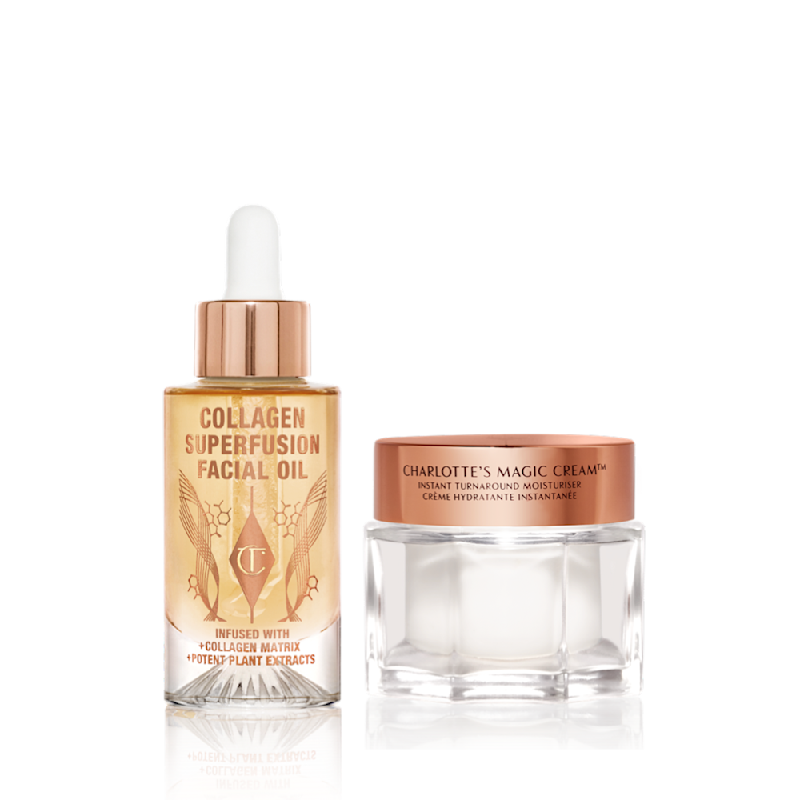 Spa-Like Radiance bundle packshot for blog Charlotte's Spa-Like Radiance Skincare Kit includes Charlotte's Magic Cream and Collagen Superfusion Facial Oil