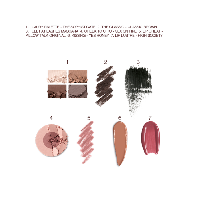The Sophisticate kit for fair, light and medium swatches Swatches of a quad eyeshadow palette in shades of brown, grey, and gold, brown eyeliner, black mascara, two-tone blush in medium brown and dusty pink, lip liner in nude pink, lipstick in medium-brown, and lip gloss in berry-pink.