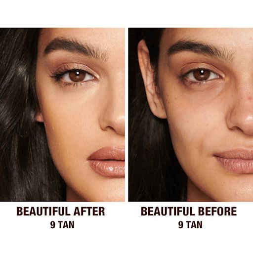 Beautiful Skin concealer in 9 on medium-tone model before and after Before and after of a medium-tone model without any makeup in the before shot and then wearing a radiant, concealer that brightens, covers blemishes, and makes her skin look fresh along with nude lip gloss and subtle eye makeup.