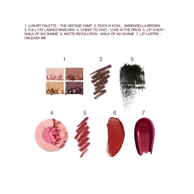 The Vintage Vamp fair, light and medium kit swatches Swatches of a quad eyeshadow palette in shades of brown and gold, brown eyeliner, black mascara, two-tone blush in bright pink and rose gold, lip liner in nude red, lipstick in reddish brown, and lip gloss in magenta.