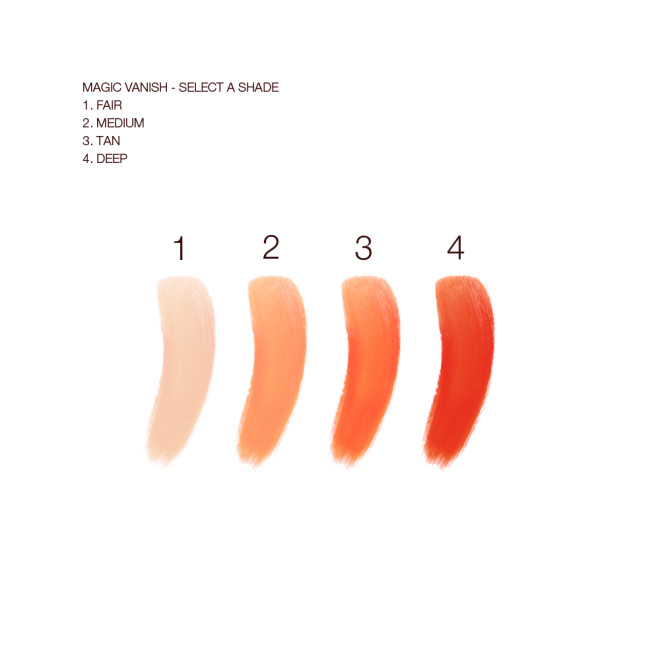 Swatches of four colour correctors in light peach, medium-peach, orange, and burnt orange colours. 