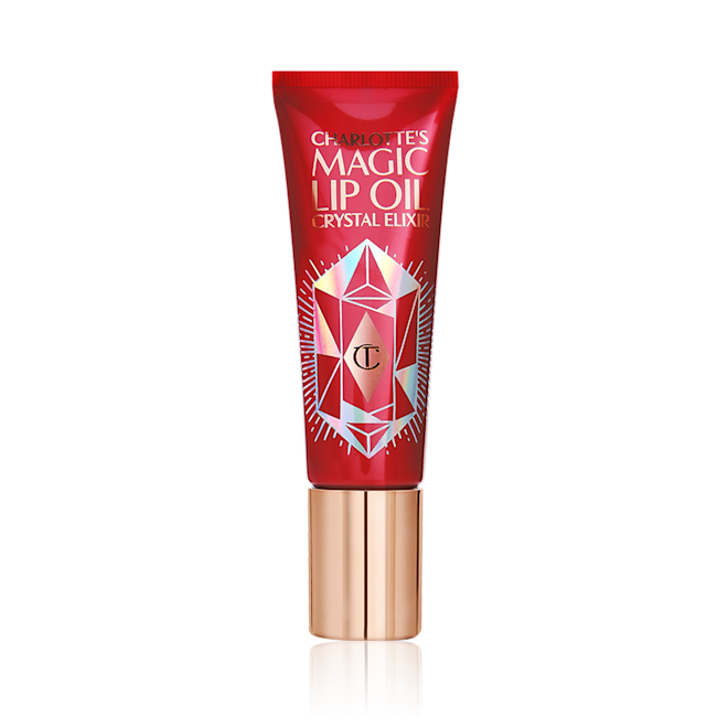 Lip Oil in Berry Bliss closed Berry-pink-coloured lip oil tube with a gold-coloured lid.