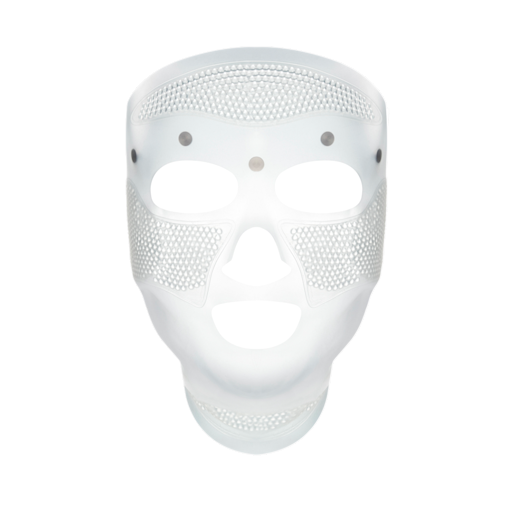 Cryo-Recovery Mask displayed A white-coloured face mask with small holes all over the forehead and cheeks area for pores, and large eye, nose, and mouth holes so the mask can comfortably sit on any face size or shape.
