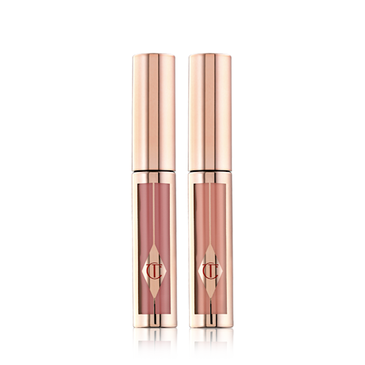 Hollywood Lips Duo closed Two, closed liquid lipsticks in a gold colour scheme in shades of nude peach-brown, and nude rose-brown.