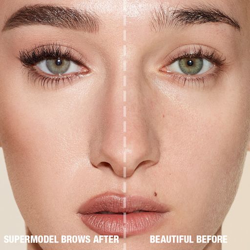 Brow Cheat in Natural Brown before and after on fair-tone model with green eyes Before and after of a fair-tone model with green eyes with bare brows on one side and thick, filled, and lined eyebrows on the other side after applying a natural-brown-coloured eyebrow pencil.