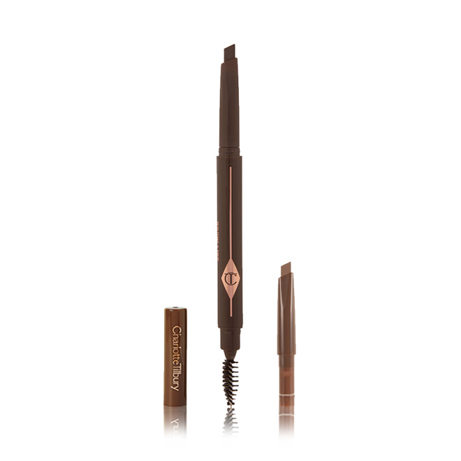 A double-ended eyebrow pencil and spoolie brush duo in a black brown shade with black-brown-coloured packaging and the refill besides it.