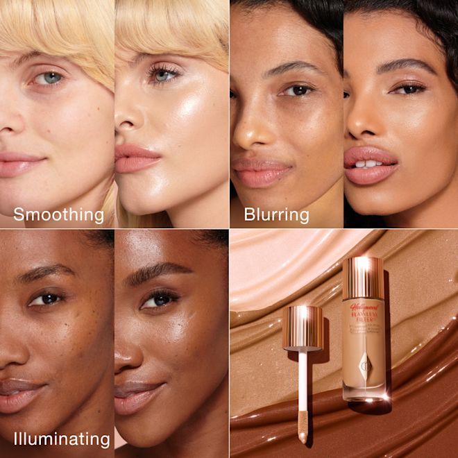Hollywood Flawless Filter Benefit On Skin Infographic Collage of six images showing before-and-after effects of Charlotte Tilbury complexion product labeled Smoothing, Blurring, and Illuminating, with a bottle and applicator wand displayed among various product shades.