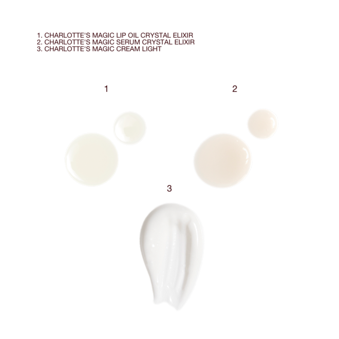 Hydrate Glow Summer Skin Secrets swatches Swatches of cream-coloured lip oil, luminous ivory-coloured facial serum, and pearly-white face cream.